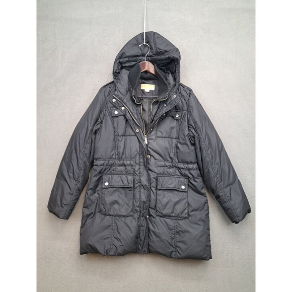 MICHAEL KORS QUILTED PUFFER LIGHTWEIGHT BLACK HOODED DOWN COAT SIZE L - Picture 1 of 10